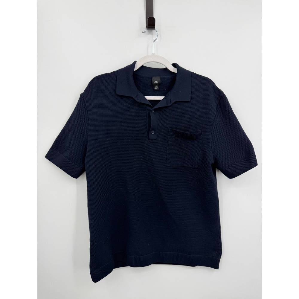 River Island‎ Waffle Knit Polo Shirt Mens Size Medium Navy Blue Short Sleeve